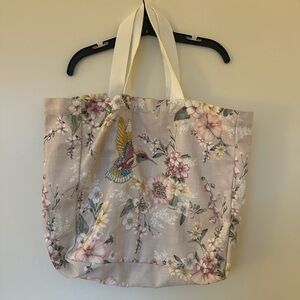 Floral Tote Bag with Embroidered Bird